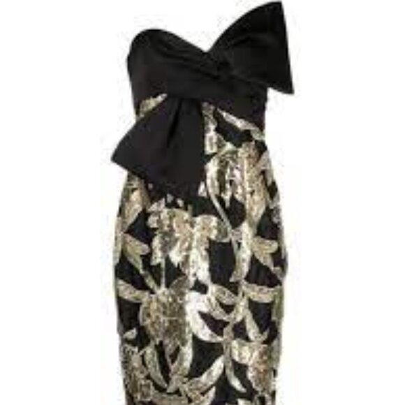 Marchessa Notte Lotus black gold floral sequin bow cocktail holiday midi dress 6 - Picture 2 of 8